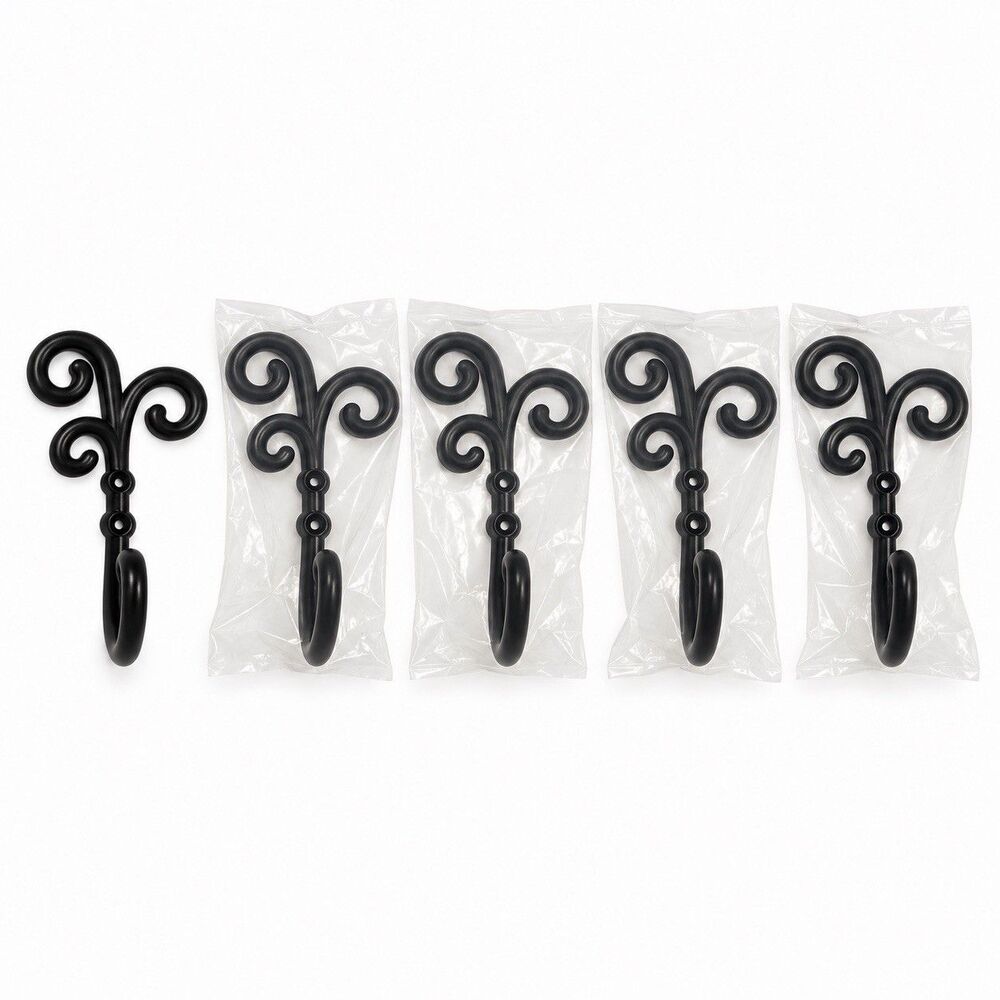 5 Pack Black Metal Scroll Wall Hooks Decorative Coat Robe Hangers w/Screws